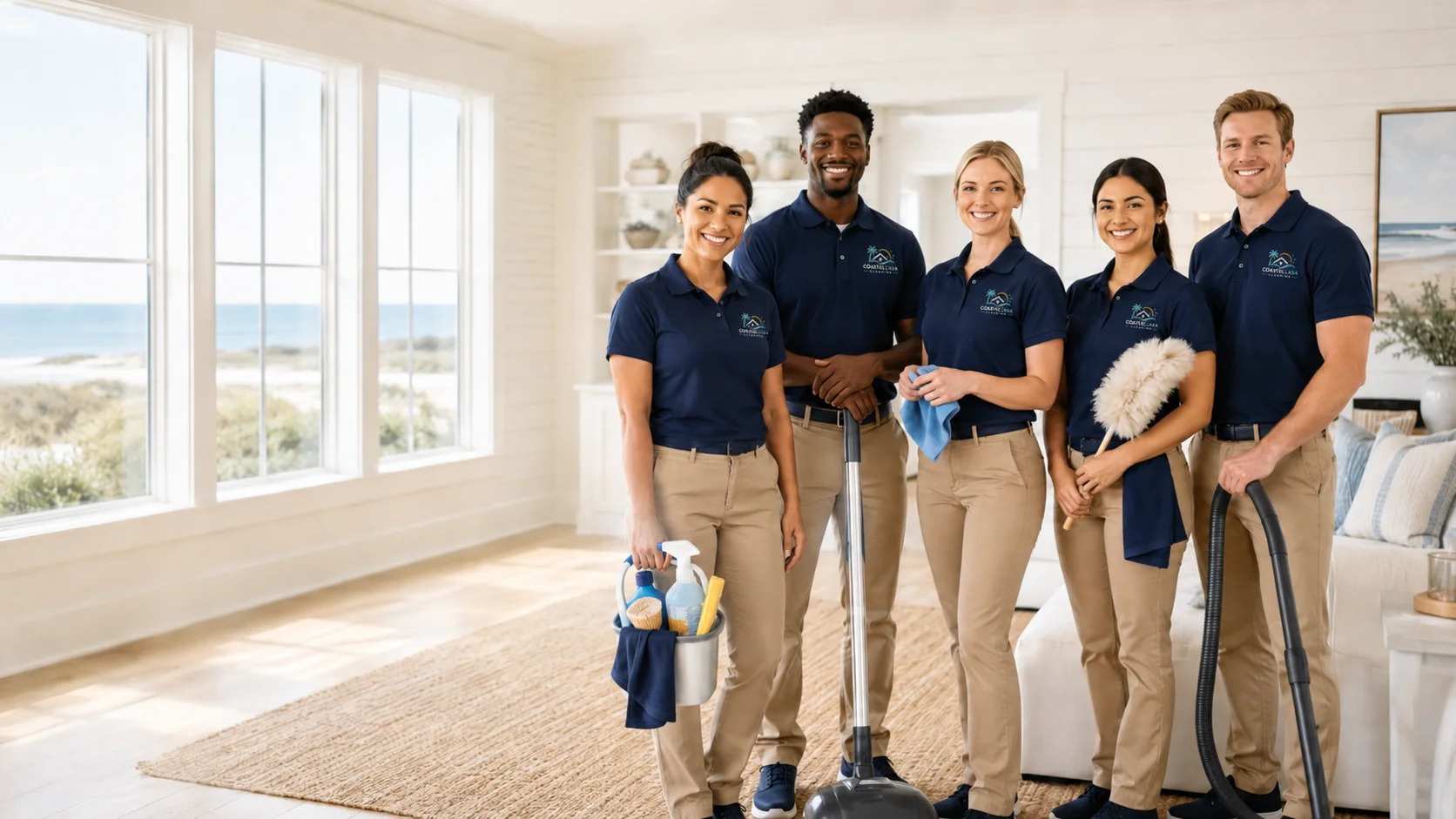 Five Coastal Casa Cleaning team members in navy polos smiling in a bright coastal-styled living room