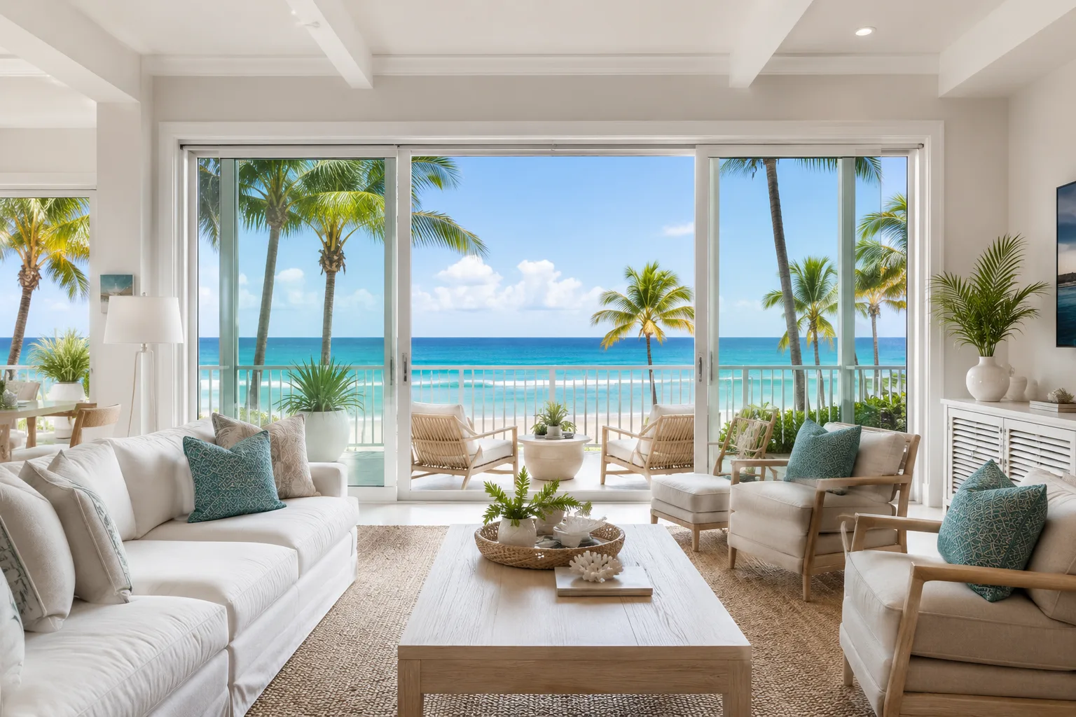 A bright, coastal-styled living room with palm trees and the ocean visible through open sliding doors