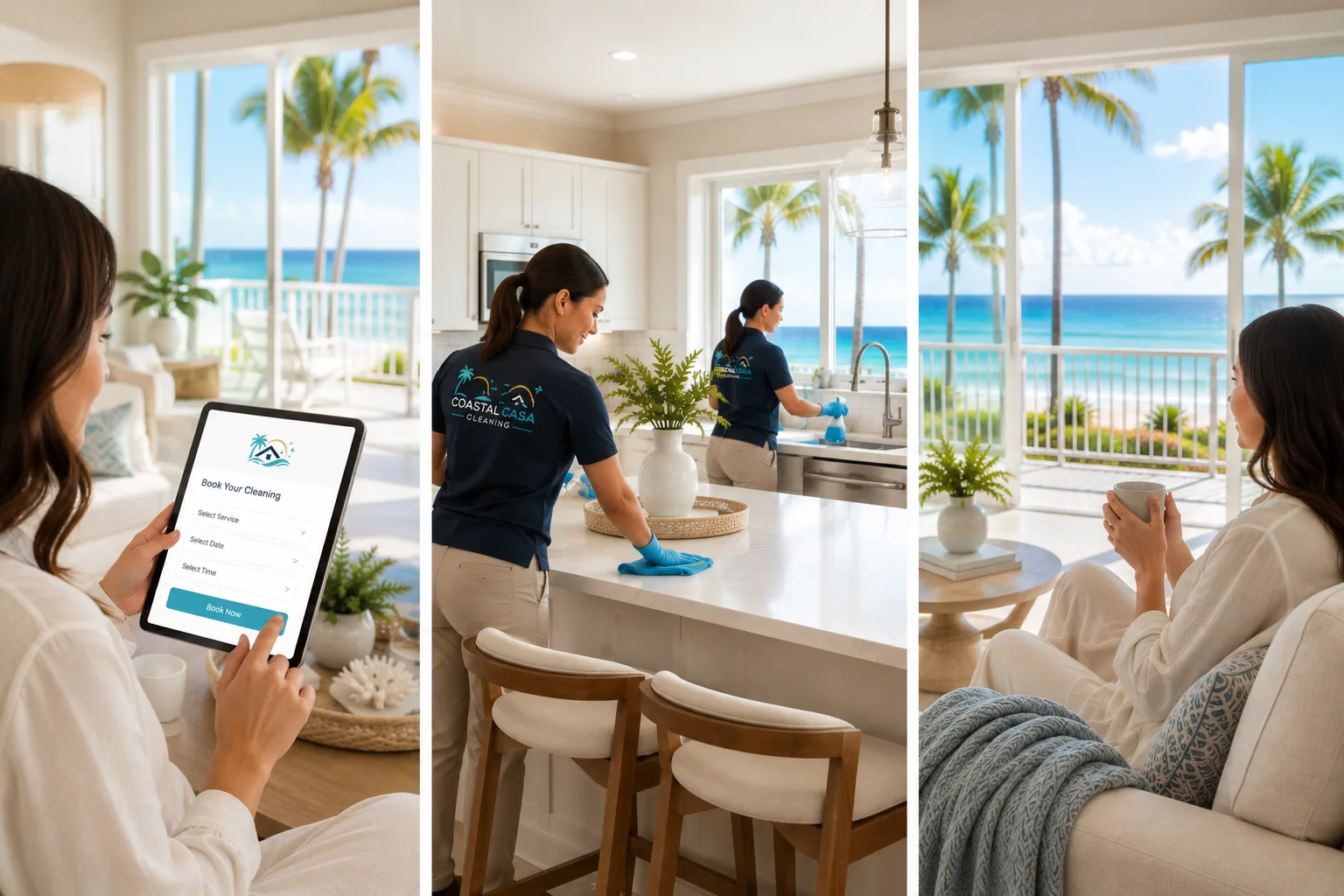 A three-panel view of the Coastal Casa booking process: booking on a tablet, a cleaning team member wiping down a kitchen counter, and a homeowner relaxing with a coffee overlooking the beach