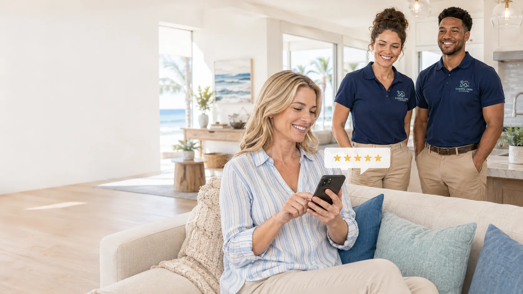 A smiling customer checking a five-star review on her phone while two Coastal Casa Cleaning team members look on in a bright coastal living room