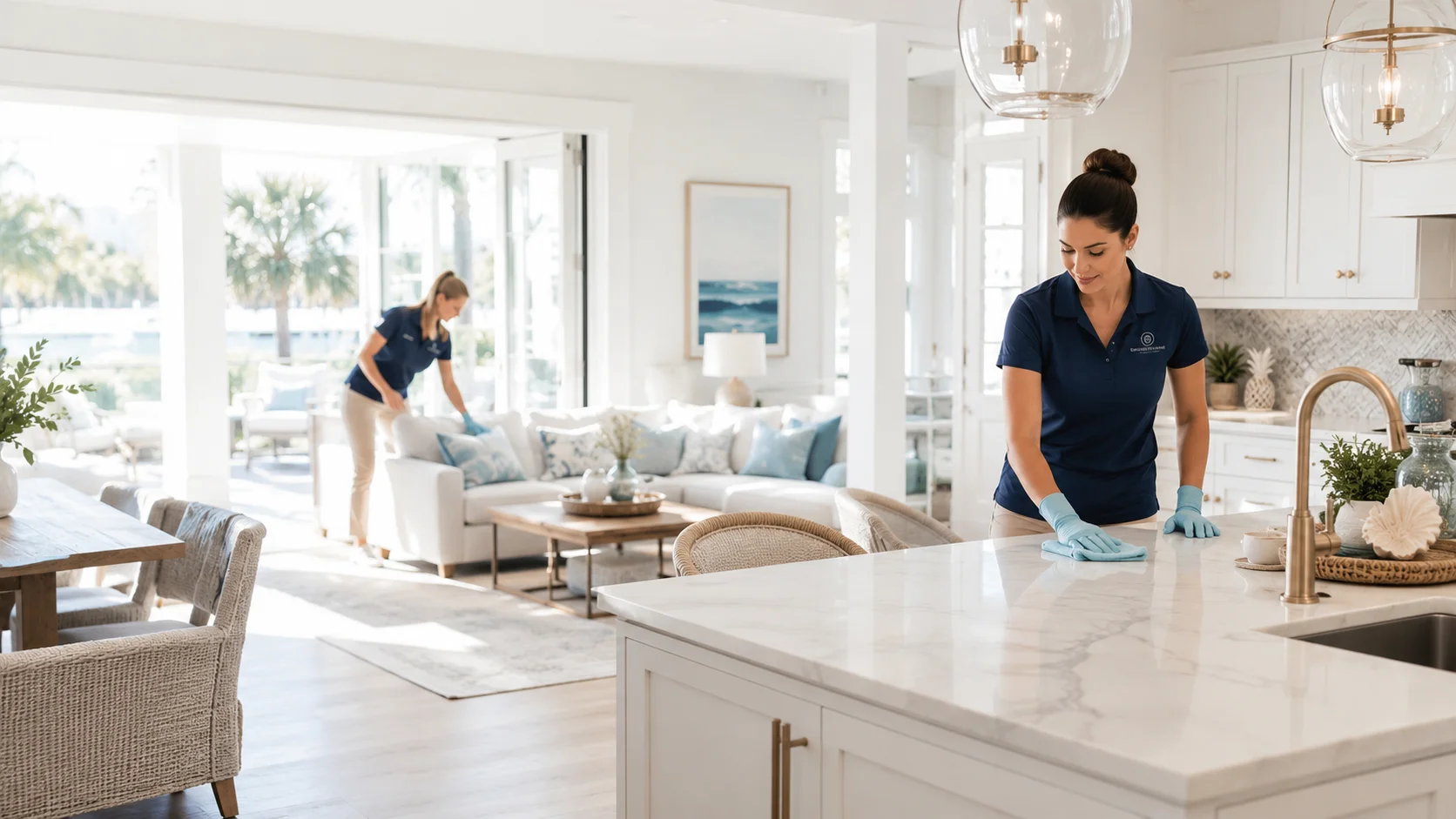 Coastal Casa Cleaning team members cleaning a bright living room with an ocean view