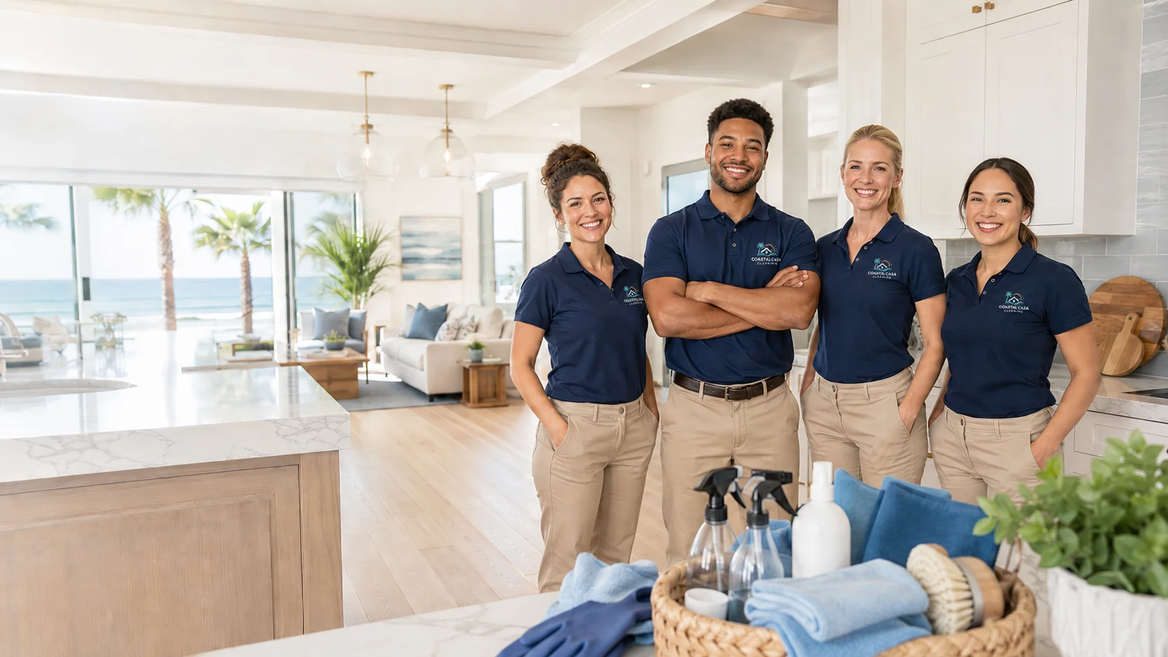 Four Coastal Casa Cleaning team members smiling in a bright kitchen with an ocean view